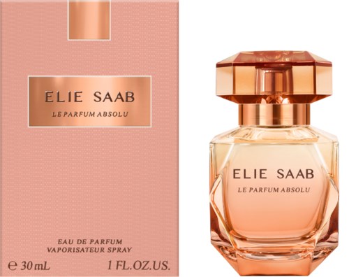 This is a perfume bottle and box, both in peach color, labeled "Elie Saab Le Parfum Absolu," 30 ml.