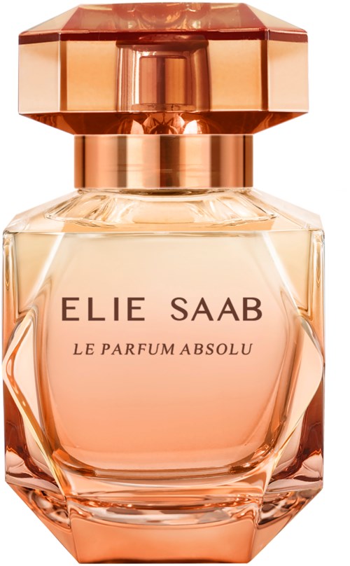 A perfume bottle with a pinkish-orange color and a large, gemstone-like cap. The label says 'Elie Saab Le Parfum Absolu.'