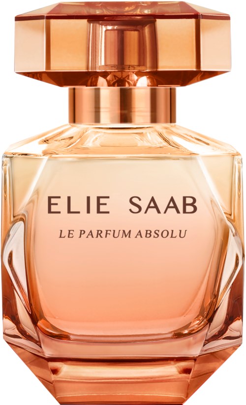 A elegant glass perfume bottle with a rose gold cap, labeled "Elie Saab Le Parfum Absolu."