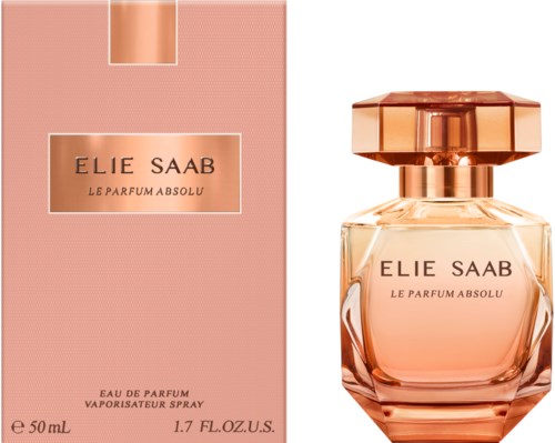 A perfume bottle and box with a pink and gold design, labeled Elie Saab Le Parfum Absolu, 50ml.