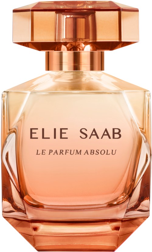 A glass perfume bottle with a pink liquid and a large, pinkish cap. It has the brand Elie Saab written on it.