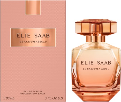 A perfume bottle and box for Elie Saab Le Parfum Absolu, in pink and rose gold colors.