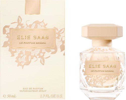 A perfume bottle with floral design, labeled Elie Saab Le Parfum Bridal, and a matching box.