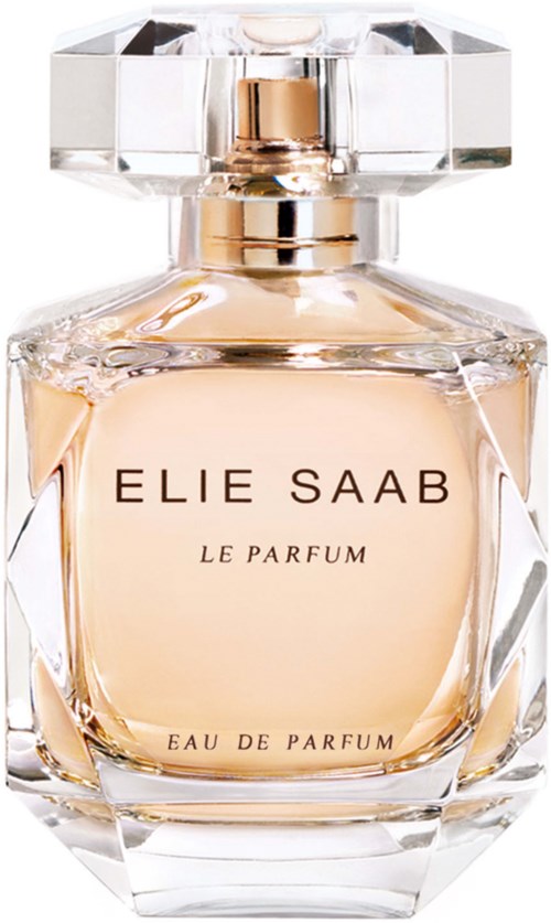 A glass perfume bottle with a gold cap, labeled "Elie Saab Le Parfum," filled with light pink liquid.