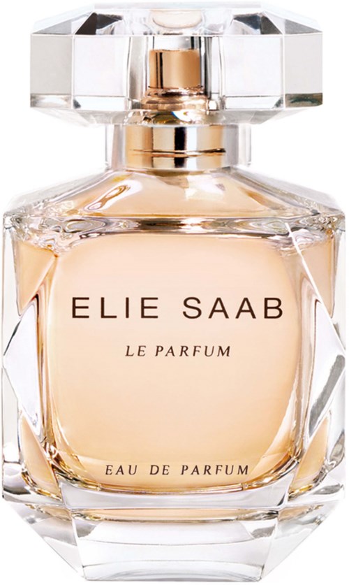 A clear glass perfume bottle with a gold cap, labeled 'Elie Saab Le Parfum'.