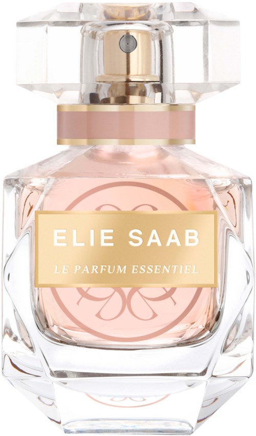 A glass perfume bottle with a pink and gold label, and a clear, decorative cap. The label says 'ELIE SAAB LE PARFUM ESSENTIEL.'