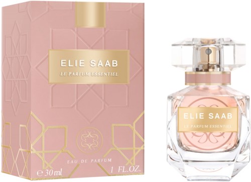 A pink perfume box with gold details and a clear bottle with pink perfume inside. The box and bottle both have Elie Saab labels.