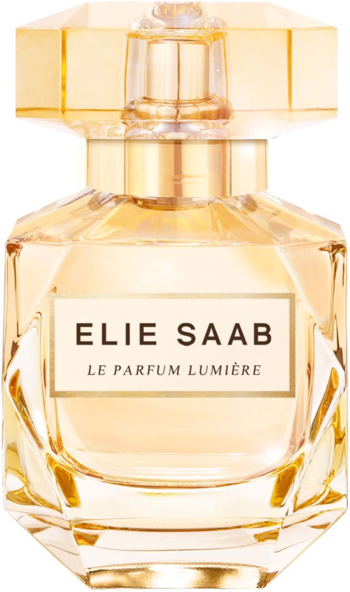 A clear glass perfume bottle with a gold cap and label reading "ELIE SAAB LE PARFUM LUMIÈRE."