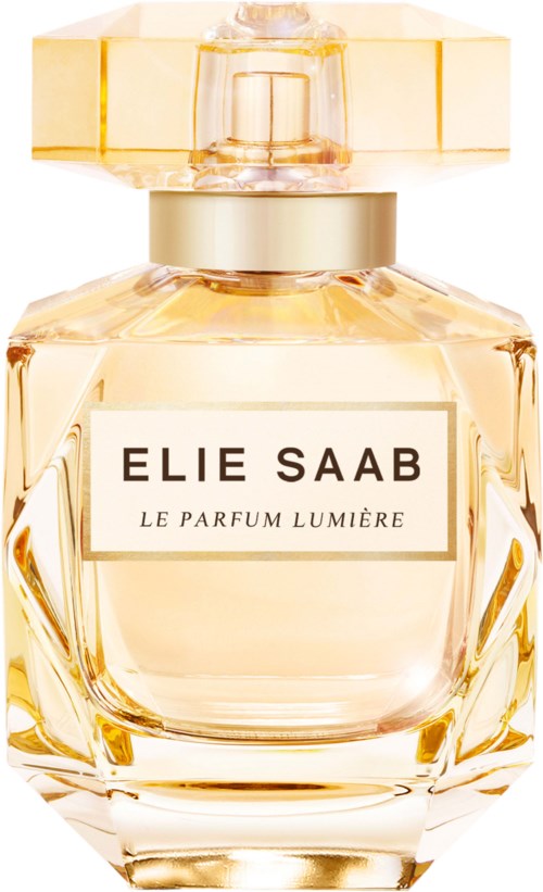 A perfume bottle labeled 'ELIE SAAB LE PARFUM LUMIÈRE' with a gold cap and soft yellow liquid inside.