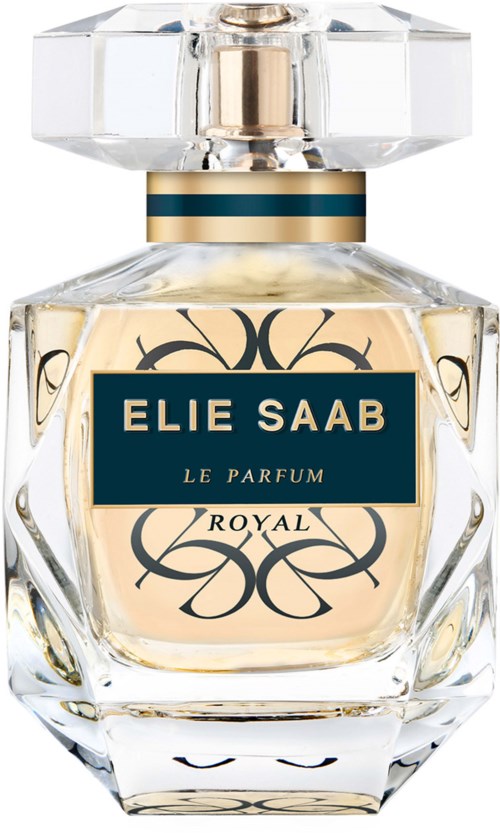 A clear glass perfume bottle with a fancy gold and blue label that says "ELIE SAAB LE PARFUM ROYAL."