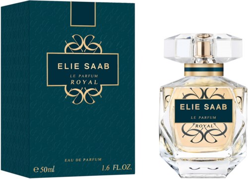 A perfume box and bottle labeled Elie Saab Royal. The box is dark blue, and the bottle is clear with a gold cap.