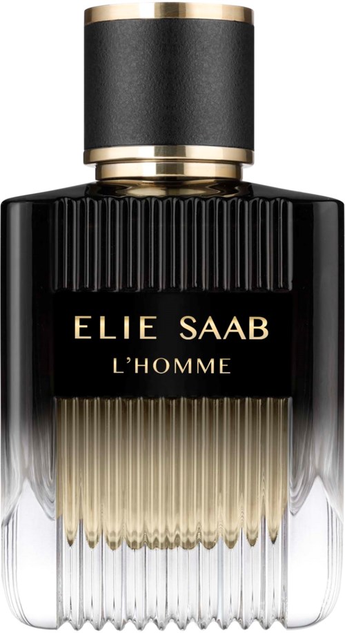 A black perfume bottle with gold accents, labeled Elie Saab L'Homme, has a ribbed glass bottom.