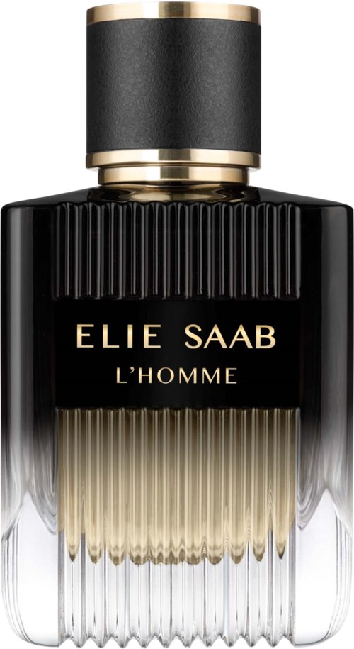 A stylish perfume bottle with black and gold colors, labeled Elie Saab L'Homme, features a textured cap and a decorative base.