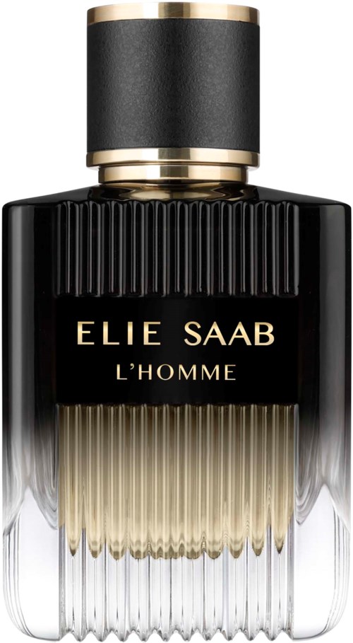 This is a black and gold perfume bottle labeled Elie Saab L’Homme with a textured design.