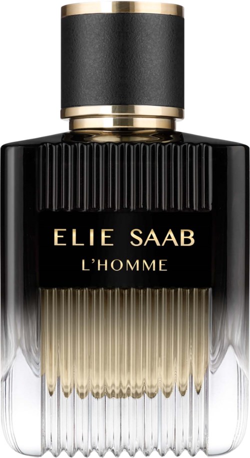 A black and gold perfume bottle with a ribbed glass bottom and a round black cap.