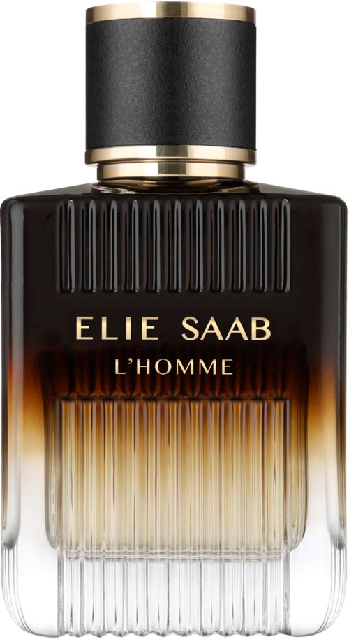 A perfume bottle with a black cap, gradient brown and clear glass, and gold lettering for Elie Saab L'Homme.