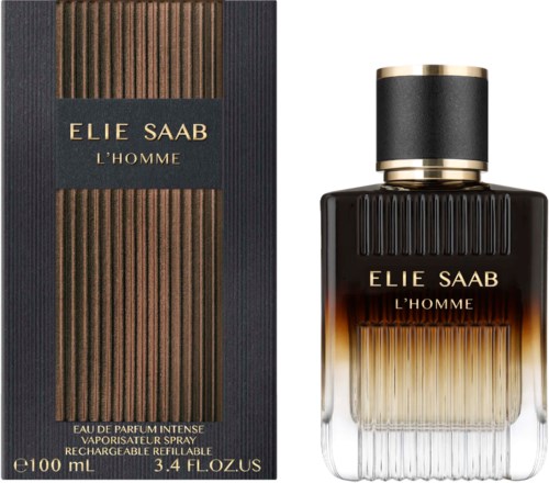 A perfume bottle and box with black and gold design, labeled Elie Saab L'Homme, French style fragrance.