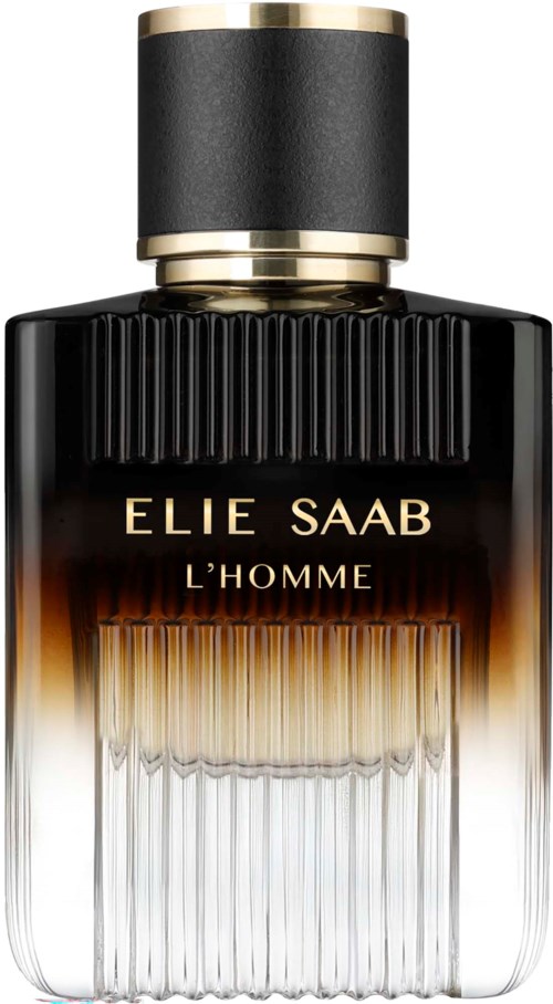 A black and clear perfume bottle with gold accents, labeled Elie Saab L'Homme.
