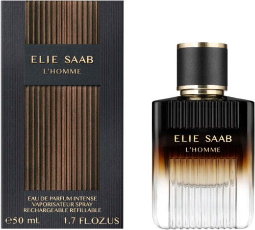 A fragrance bottle with a black and gold cap beside a box, both labeled ELIE SAAB L'HOMME, 50 ml.