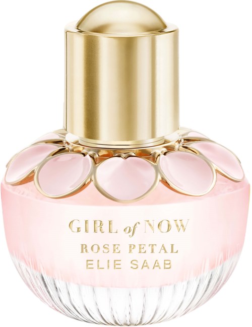 A perfume bottle with pink liquid, gold cap, and floral decoration around the neck.