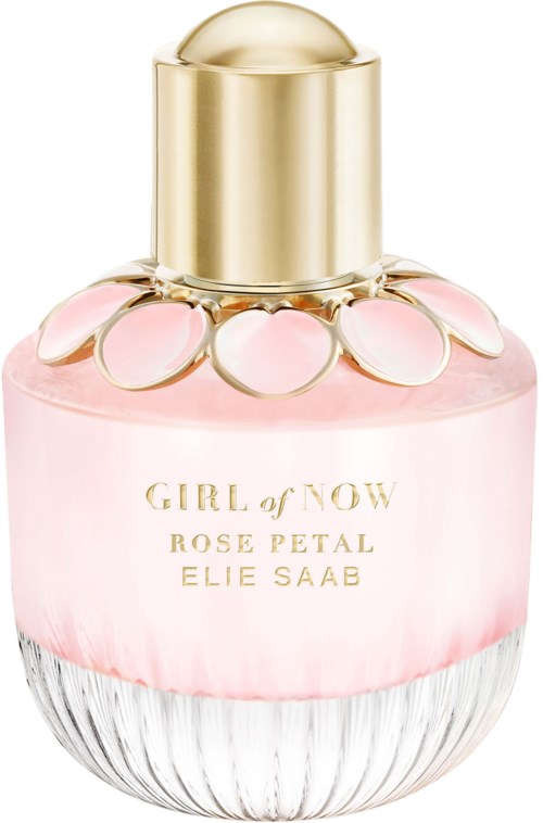 A pink perfume bottle with gold cap and flower petal decorations, labeled Girl of Now Rose Petal by Elie Saab.