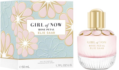 Perfume bottle with pink liquid and gold accents, and a floral decorated box labeled "Girl of Now" and "Rose Petal."