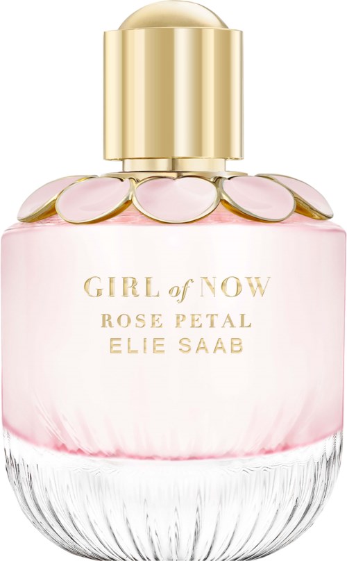A perfume bottle with a rounded pink body, gold cap, and decorative gold circles around the neck.