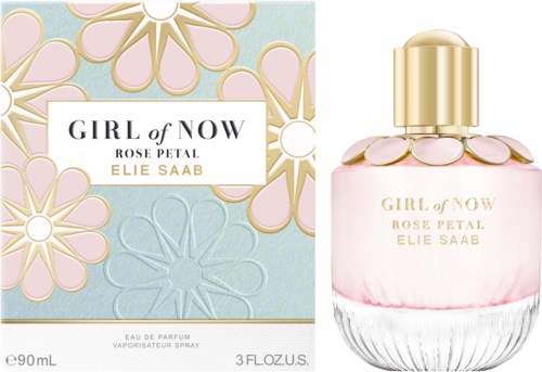 A perfume bottle with pink liquid and a floral box packaging, labeled 'GIRL of NOW' with rose petal scent.