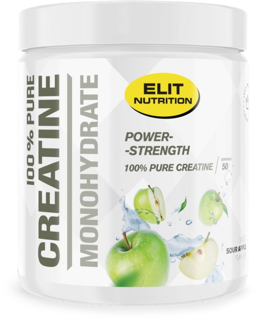 Förråd med gröna och skivade äpplen med vattenstänk, etikett säger Elite Nutrition kreatintillskott.