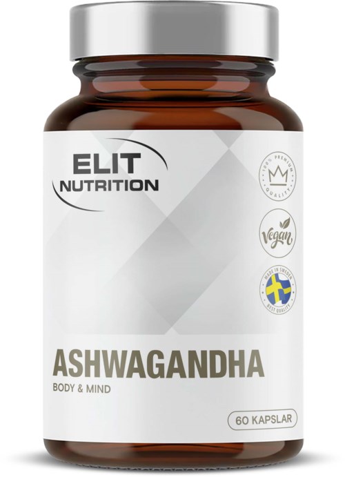Eine braune Flasche mit 'ASHWAGANDHA' von Elit Nutrition, mit Symbolen für vegan, schwedischer Herkunft und Qualitätssicherung.