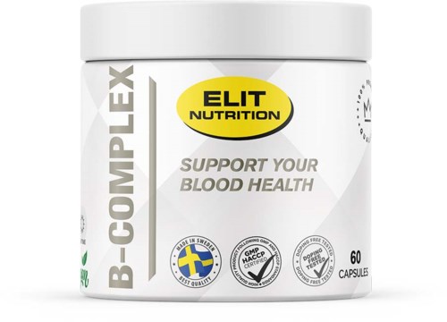 A white container labeled 'B-Complex' by Elite Nutrition supports blood health with 60 capsules.
