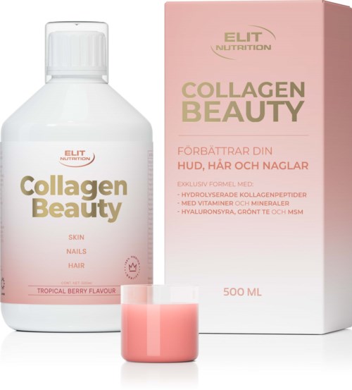A skincare product in a white bottle and pink box promoting collagen for skin, hair, and nails, with a tropical berry flavor.