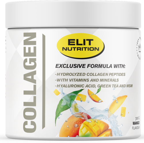 A container of collagen supplement with mango flavor, featuring images of mango, green tea, and water splash. 