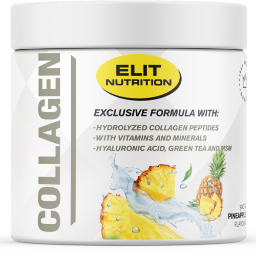 A product label for Elite Nutrition Collagen with pineapple flavor, featuring pineapple and tropical imagery. It mentions ingredients like collagen peptides, vitamins, and hyaluronic acid.