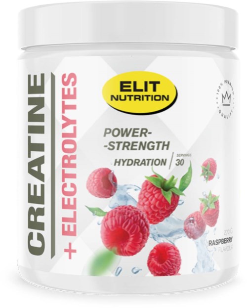 Container with raspberry images, label says ELIT NUTRITION, electrolytes and power, hydration for sports.