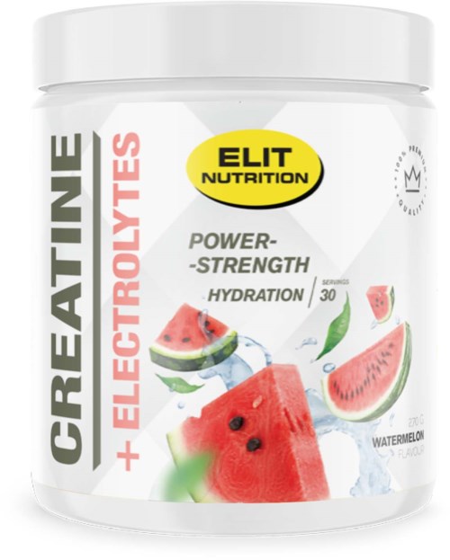 A container of Creatine with watermelon illustrations and text about hydration and strength.