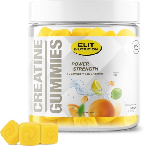 Yellow gummies in a clear jar labeled 'Creatine Gummies' with lemon, orange, and lime images, and text about power and strength.