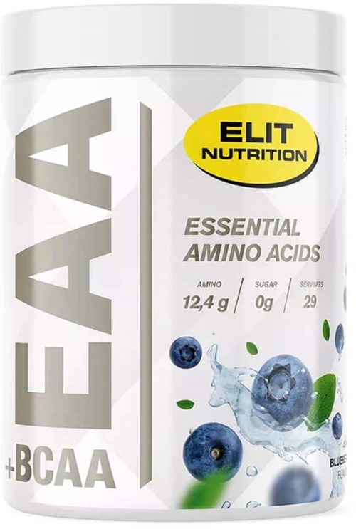 En vit behållare med 'Elite Nutrition'-etikett, som visar blåbär och vattensplattor, främjar aminosyror och BCAA.