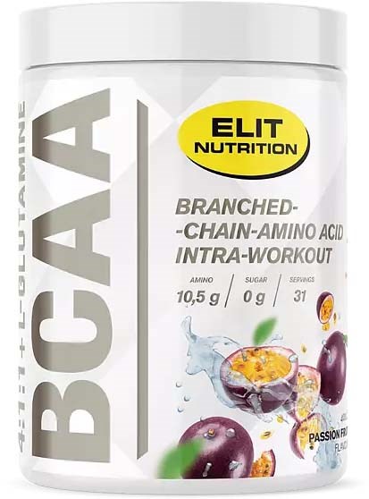 A white container of Elite Nutrition branched-chain amino acids with passion fruit flavor. It has purple grapes and lemon slices on the label.