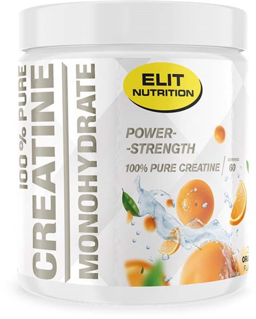 En hvit beholder merket 'Creatine Monohydrate' med oransje og vannsprutgrafikk, fremmer ren kreatin for styrke.