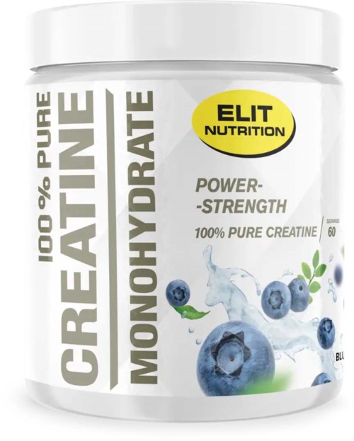 A white container labeled '100% Pure Creatine Monohydrate' with blueberries and a splash of water illustration.