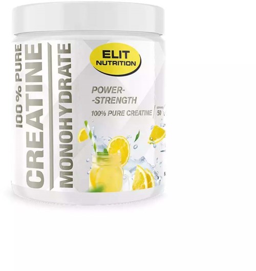 Container of Creatine monohydrate with lemon flavor, labeled as power strength and pure creatine.