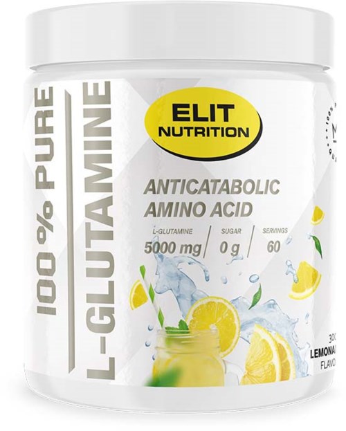 L-Glutamine-tilskudd med sitronsmak, inneholder 5000 mg per porsjon, uten sukker, for muskelrecovery, med vann og sitronskiver.