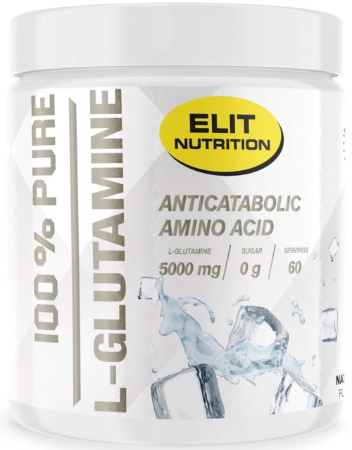 A white container featuring the brand Elit Nutrition with black and yellow logo, labeled as pure L-glutamine, with 5000 mg.