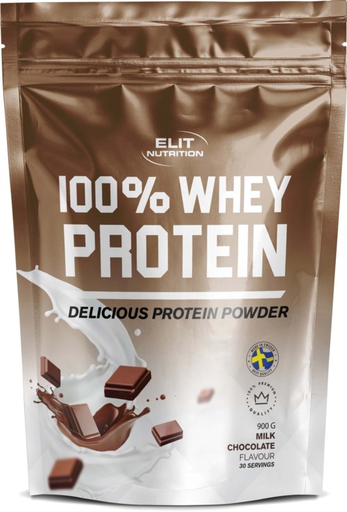 Brown package of ELIT Nutrition 100% Whey Protein with milk chocolate flavor and images of chocolate pieces.