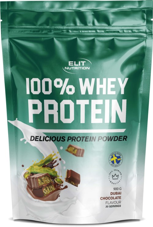 Green package of whey protein with chocolate flavor, images of chocolate and a spoon, text highlights protein and quality.