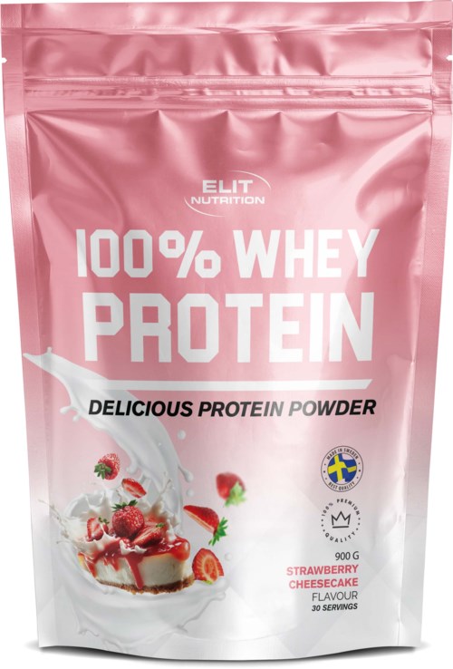 Pink påse med jordgubbscheesecake-smakad proteinpulver, med varumärke och näringsinformation, 900g, 30 portioner.