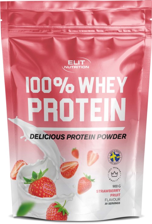 A pink bag of whey protein powder with strawberries and a splash of milk on the front.