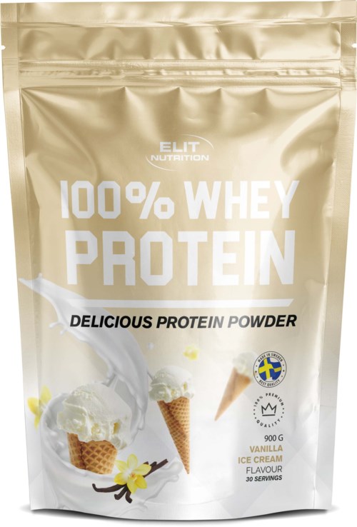 A gold-colored bag displays 100% whey protein with vanilla ice cream flavor. It features images of ice cream cones and a scoop.
