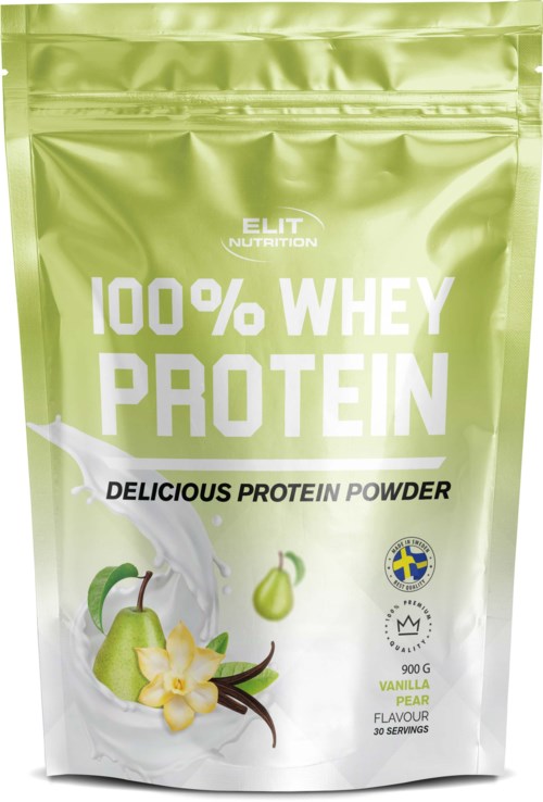 Grön påse med vassleprotein med vaniljsmak, päron, blommor och mjölkskvätt, visar hälsosam och god proteinkälla.